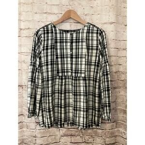 LOFT Babydoll Shirt Womens Small Black & White Plaid Check Flowy Button Front